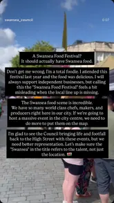 A short vlog-style video featuring a walk-through of a food festival in Swansea, accompanied by text overlays critiquing the event for failing to feature enough local Swansea-based food vendors.