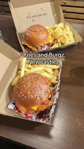 A short review of a burger spot in Newcastle called Fries & Burgz, featuring close-ups of the food, a look at the digital ordering menu, and the creator trying the burger.