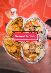 A fast-paced food review of 'Naanwich Club' in Manchester, showcasing their signature naan-based wraps, butter chicken pizza, samosas, and chicken 65.