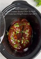 High protein slow cooker char siu pork tenderloin, sliced, with sticky glaze, fluffy rice, and green pak choi.