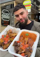 A creator reviews a French-African fusion restaurant in London, showcasing dishes like jollof rice, grilled chicken, plantain, and a smash burger. The video features the creator tasting the food and providing commentary on the flavors and value.