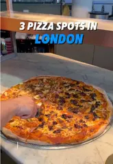 A creator visits three different pizza venues in London, showcasing their specific styles—New York style at Dough Daddy and Detroit style at Japes and Sarv's Slice. The video features close-ups of the pizza, the creator trying the food, and brief glimpses of the venue interiors.