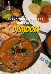 A short-form video review showcasing a limited-edition collaboration between Dishoom and chef Calum Franklin, featuring the 'Chicken Ruby Pie'. The video includes shots of the venue interior, the menu, and close-ups of the food being served and eaten, accompanied by text overlays describing the dishes.