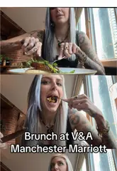 A review-style reel featuring a brunch visit to the Marriott V&A in Manchester. The creator highlights the menu, specifically recommending the Manchester toast and the Bloody Mary, while showcasing the venue's brick interiors and waterside seating.