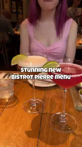 A short montage showcasing a meal at Bistrot Pierre, featuring cocktails, steak with fries and salad, a lamb dish with mashed potatoes, and various desserts and drinks.