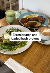 Variety of savory and sweet Halal brunch dishes beautifully presented at Zeren restaurant in Kennington, South East London.