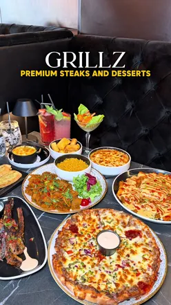 A spread of halal premium steaks, chicken nambali, dynamite prawns, wagyu pizza & decadent desserts from Grillz, Birmingham.