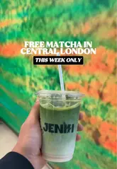 A promotional video for a Wise x Jenki pop-up event in London, highlighting a free matcha offer and branded tote bags. The video features quick cuts of the matcha preparation, the venue interior, and the app download process required to claim the offer.
