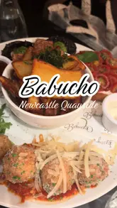 A montage of various dishes and interior shots of Babucho in Newcastle, highlighting the restaurant's atmosphere and food offerings.