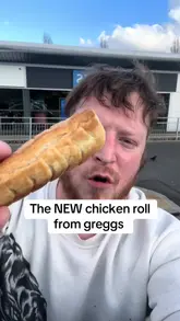 New Greggs chicken roll with golden, flaky pastry, a savory hot snack. Perfect for lunch or a quick bite from Greggs.