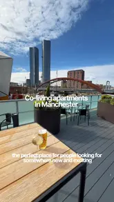 Stylish bar and sun terrace at Union Co-Living, a modern rent-by-room apartment complex in Manchester.