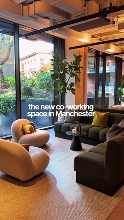 Bruntwood SciTech co-working space, Pall Mall, King St, Manchester, with wellness studio, roof terrace, cafe, and gym.