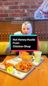 A creator visits a Chicken Shop location to review their new 'Hot Honey Hustle' menu range. The video features a taste test of the hot honey burger, mini burger, matcha shake, various loaded fries (cheesy, spicy, k-pop), and spiced chicken tenders. The creator provides commentary on the flavors and textures, highlights the ordering process via the app, and shares their personal favorites.