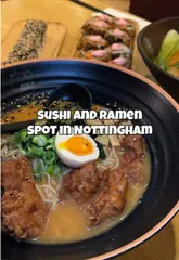 A promotional video showcasing the food and interior of Maki & Ramen in Nottingham, featuring close-ups of ramen, sushi, gyoza, and cocktails, alongside shots of the restaurant's distinctive dragon decor.