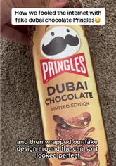 Fake Dubai chocolate-covered Pringles, likely homemade for a viral internet prank.