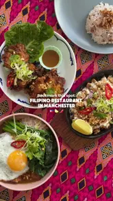 A short review video showcasing a Filipino restaurant in Manchester, highlighting specific dishes like ukoy, sisig, and chicken adobo, as well as the venue's retail section.