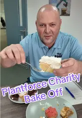 Plantforce W-s-M charity bake-off for Children's Hospice South West. Various staff-made cakes are displayed and judged.