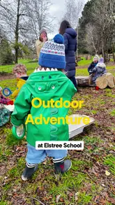A promotional video for Elstree School's Pre-Prep Outdoor Adventure Morning, showcasing children engaging in various outdoor activities like balancing on logs, playing in a sand pit, and exploring the woods. The video highlights the natural setting and the fun, educational nature of the event.