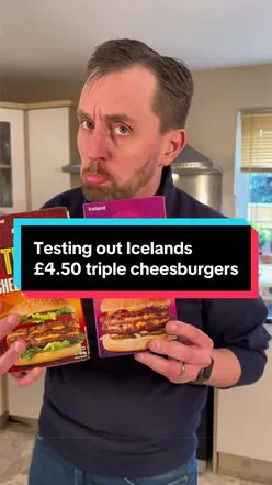 Triple cheeseburgers from Iceland, ready for a food review.