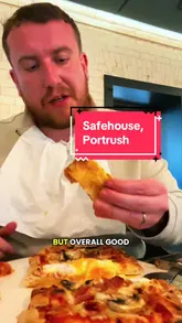 A vlog-style review of The Safehouse in Portrush, Northern Ireland. The creator walks through the venue, highlights the menu, and reviews their flatbread pizza selection, noting the lack of chips as a minor downside.