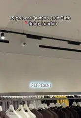 A creator visits the Represent Owners Club Cafe in Soho, London, showcasing the clothing store, shoe section, and cafe menu, specifically highlighting the matcha latte.