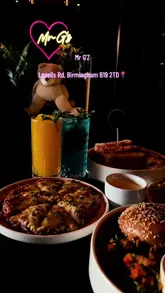 A montage showcasing various dishes and drinks at Mr G'z in Birmingham, including pizza, noodles, burgers, and desserts, presented in a casual dining setting.