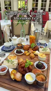 Sunday roast inspired afternoon tea with roast potatoes, Yorkshire pudding, beef, chicken, fish and chips, and sticky toffee pudding.