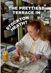 The creator visits the newly refurbished Ego Mediterranean in Stockton Heath, highlighting the sunny terrace, the colourful interior design, and sampling dishes from their new menu including pitta and dips, garlic prawns, chicken gyros, and a Greek salad.