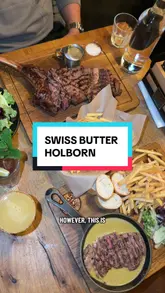 A review-style vlog showcasing a visit to Swiss Butter in London, highlighting the queue, the steak platter, and the desserts.