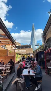 A short, engaging video showcasing a brunch venue in London, highlighting their pancake menu, including a special chocolate collaboration and classic bacon and blueberry options. The video features shots of the food, the menu, and the venue's outdoor and indoor seating areas.