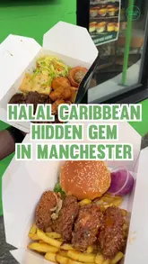 A short, energetic video showcasing a variety of Caribbean dishes from Culture Box in Manchester, including wings, burgers, and traditional stews.