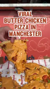 A short, punchy food showcase video featuring butter chicken pizza, naan wraps, and chicken 65 from Naanwich Club in Manchester.