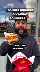 Rounders Urmston in Manchester offers 100 free burgers to promote their restaurant.