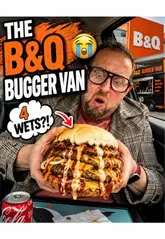Here are a few options for your alt text, depending on the specific focus:

**Option 1 (Descriptive):**
Gordon Kindness eating a messy, oversized burger from the B&Q Burger Van in Manchester.

**Option 2 (Action-focused):**
A man struggling to eat a massive, over-sauced burger from the B&Q Burger Van in Manchester.

**Option 3 (SEO-focused):**
Gordon Kindness reacting to a messy burger from the popular B&Q Burger Van in Manchester.

**Tips for SEO:**
*   I included **"Manchester"** and **"B&Q Burger Van"** as these are high-value keywords for your audience.
*   The text is under 125 characters to ensure compatibility with all screen readers.