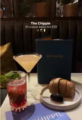 A promotional video for Six by Nico featuring their 'The Chippie' 10-course tasting menu. The video uses a series of quick, well-lit shots to display various courses, cocktails, and the restaurant's interior, accompanied by upbeat music and text overlays detailing the price and theme.