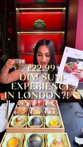 A promotional video showcasing a 'Refined Dim Sum Experience' set menu at Royal China, featuring a variety of dim sum dishes, flowering tea, cocktails, and a braised goose dish. The creator presents the food, highlights the price and availability, and provides a positive review.