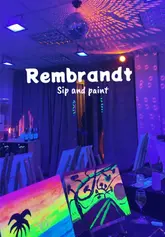 A short, energetic video showcasing a 'Sip and Paint' event in a venue with UV lighting. The video features participants painting, drinking, and enjoying the music-filled atmosphere.