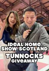 A promotional vlog featuring two creators visiting the Ideal Home Show at the SEC in Glasgow. The video highlights various aspects of the event, including home interiors, renovations, smart tech, garden displays, and a food and drink festival area. It also encourages viewers to visit the Tunnock's stand for merchandise.