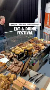 A quick-cut montage showcasing the Eat & Drink Festival at the SEC Glasgow, highlighting various food stalls, the venue atmosphere, and the live theatre stage.