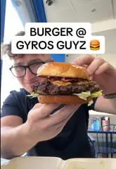 A food review video where the creator visits 'Gyros Guyz' in Southampton to test their burgers and wraps, specifically trying the Wagyu beef burger, a breakfast beast burger, and a Mediterranean wrap.