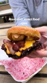 A fast-paced review of Platform Street Food in Cardiff Bay, featuring a variety of dishes from different traders including burgers, pasta, pizza, and a croffle dessert. The video captures the casual, outdoor dining experience and the creators' reactions to the food.