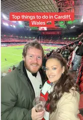 A travel guide reel highlighting a 48-hour trip to Cardiff, featuring visits to Cardiff Castle, the National Museum, a food tour, Cardiff Bay, the Principality Stadium, and the famous Chippy Lane for late-night food.