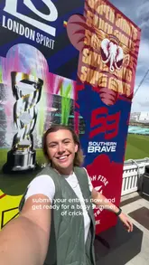 A promotional video featuring a creator traveling between Emirates Old Trafford and the Kia Oval to unveil the new trophy for The Hundred cricket tournament, encouraging viewers to participate in a naming competition.