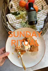A high-quality recipe tutorial for an apricot and elderflower galette, presented as part of a Sunday self-care ritual. The video features clear, step-by-step visual instructions, a soothing voiceover, and an aesthetic, rustic kitchen setting.