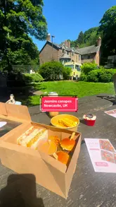A review of the two-year anniversary taster box from Jasmin's Canapes, featuring a selection of savory items including tikka sandwiches, chicken tacos, parmo bites, and sliders, followed by a mango tiramisu dessert.