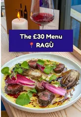A creator visits RAGÙ in Wapping Wharf, Bristol, to review their 3-course set menu. The video features the interior, the kitchen, and close-ups of various dishes including salami, a vegetable-topped bread, risotto, grilled venison, and pistachio panna cotta.