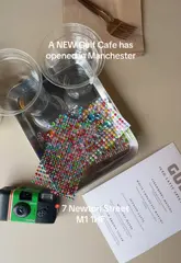 A preview of the new Gulf Cafe branch in Manchester, showcasing their signature iced lattes, matcha, and dot cake, alongside the cafe's signature cup-decorating activity.