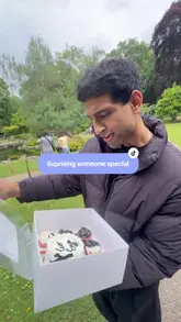 The creator surprises her friend with a personalized bento cake and cupcakes from Fastest Cakes UK to celebrate his new self-employed status. The video documents the process of ordering, the delivery, and the friend's reaction in a park.
