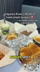 A fast-paced, handheld-style reel showcasing the menu at Brim Burgers on Edgware Road. The video features close-up shots of smash burgers, chicken sandos, wings, loaded fries, and strawberry matcha milkshakes, using text overlays to highlight the items.
