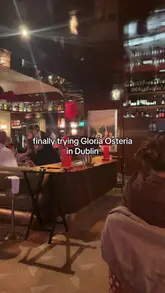 A review of Gloria Osteria in Dublin, featuring cocktails, appetizers like shrimp cocktail and burrata, and main courses including truffle pasta and lasagna, with a highlight on the venue's unique interior design.